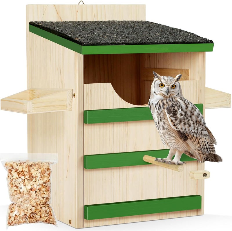 HAFTKD Owl House, Screech Wooden Owl Nesting Box, Weatherproof Design with Bird Stand, Large Opening, Mounting Screws, and Wood Shavings for Outside Backyard - Image 1